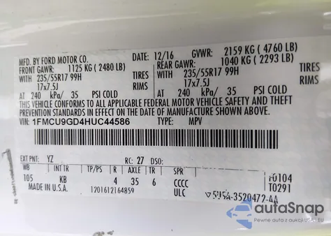 2017 Ford Escape Se from USA, damaged, VIN 1FMCU9GD4HUC44586